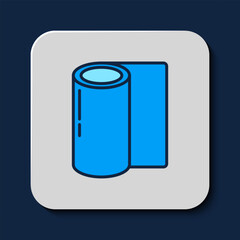 Filled outline Fitness mat roll icon isolated on blue background. Yoga mat rolled. Sport equipment. Vector