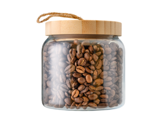 Coffee beans in glass jar isolated on white background.