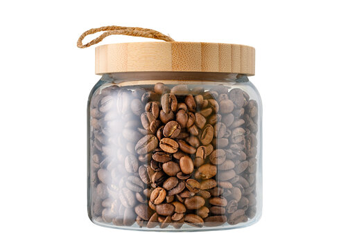 Coffee beans in glass jar isolated on white background.