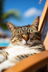 Cat relaxing sitting on deckchair in the sea background. summer, vacation on the beach. sunbathe