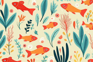 Fishing ponds and streams quirky doodle pattern, wallpaper, background, cartoon, vector, whimsical Illustration