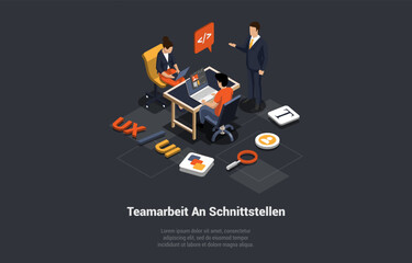 Teamarbeit an Schnittstellen, Business Solutions, Startup, Time Management, Planning and Strategy Concept. Team Of UX UI Designers Work On New Application Interface. Isometric 3D Vector Illustration