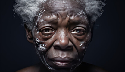 Body aging is marked with wrinkles and dark spots. Portrait of grandmother