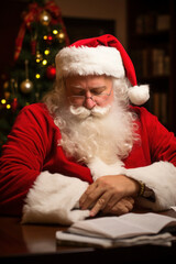 an adult, old man is sad at the table with documents. The Santa has problems with taxes. New Year's and Christmas