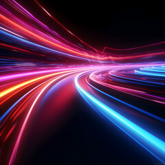 Colorful, playful neon light streams in blue, pink, red and orange on black background - Generativ AI