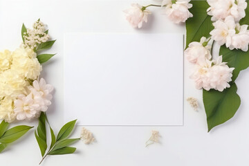 Bouquet of pink flowers and empty paper sheet from above. vintage card, top view, space for text, flat lay, mockup.