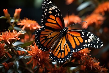 A Monarch butterfly in exquisite macro photography, its slender antennae sensing the world as it perches on a vibrant blossom.