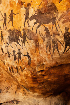 Old cave drawings of primitive people, stone age art, ancient history and archeology. Prehistoric cave with paintings.