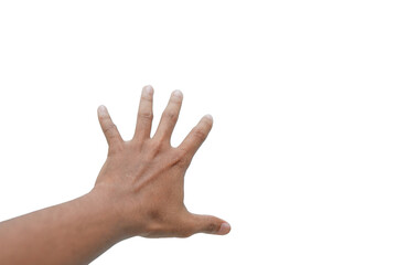 Human hand in picking gesture. man's hand reaches for something or holds something, fingers wide open. Isolate on a white background.