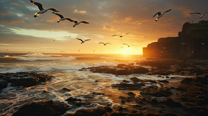 A beach that has some birds flying