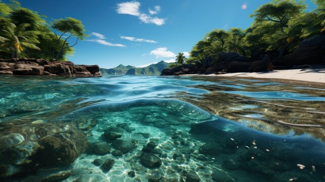 Crystal clear inspiration, clear clear sea, underwater-terrestrial world. Rocky shore. A heavenly place.
