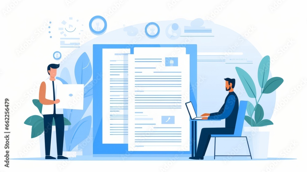 Poster ai generative. a minimalist character illustration of hr manager checking cv with candidate.