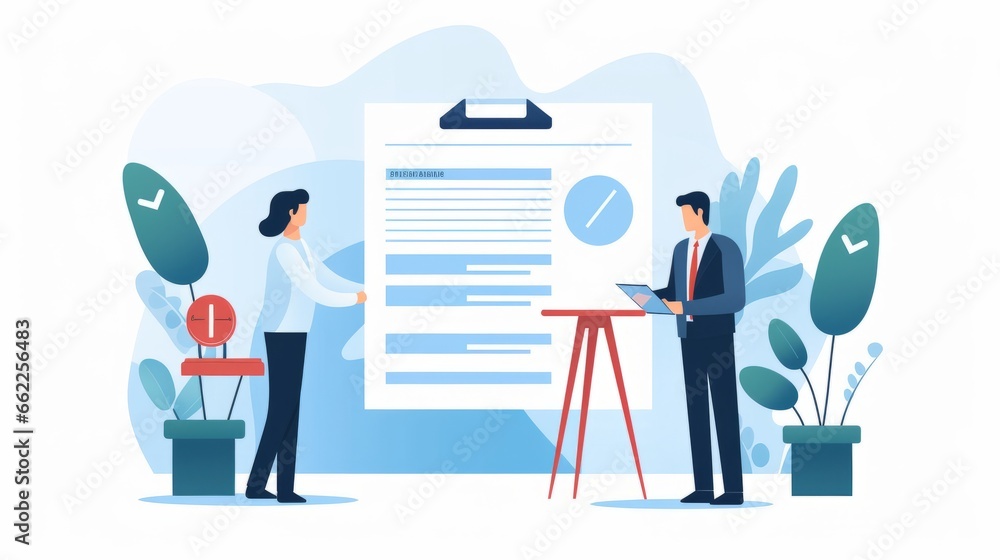 Aufkleber ai generative. a minimalist character illustration of hr manager checking cv with candidate.