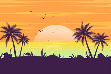 Fototapeta na wymiar tropical summer beach sunset palm silhouettes concept landscape background