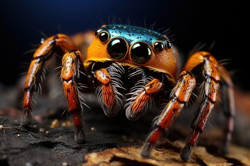 Fototapeta premium A single Purple-Gold Jumping Spider perched gracefully on a textured surface, magnified in macro photography, displaying its regal colors.
