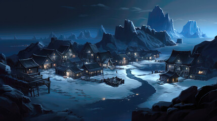 Fantasy illustration of a small village during winter