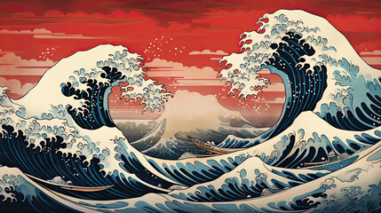 A Japanese great wave sea Japan engraved art design in a vintage woodcut intaglio style - obrazy, fototapety, plakaty