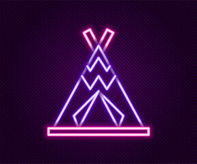 Glowing neon line Traditional indian teepee or wigwam icon isolated on black background. Indian tent. Colorful outline concept. Vector