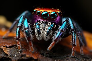 A striking macro photograph of a single Purple-Gold Jumping Spider (Irura bidenticulata) showcasing its vibrant colors and intricate patterns in stunning detail.