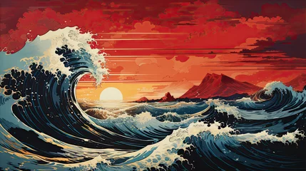Fotobehang A Japanese great wave sea Japan engraved art design in a vintage woodcut intaglio style © Ziyan Yang