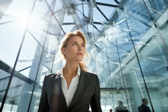 Business woman smile face walking office complex 