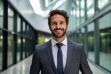 Fototapeta premium Businessman smile face walking office complex