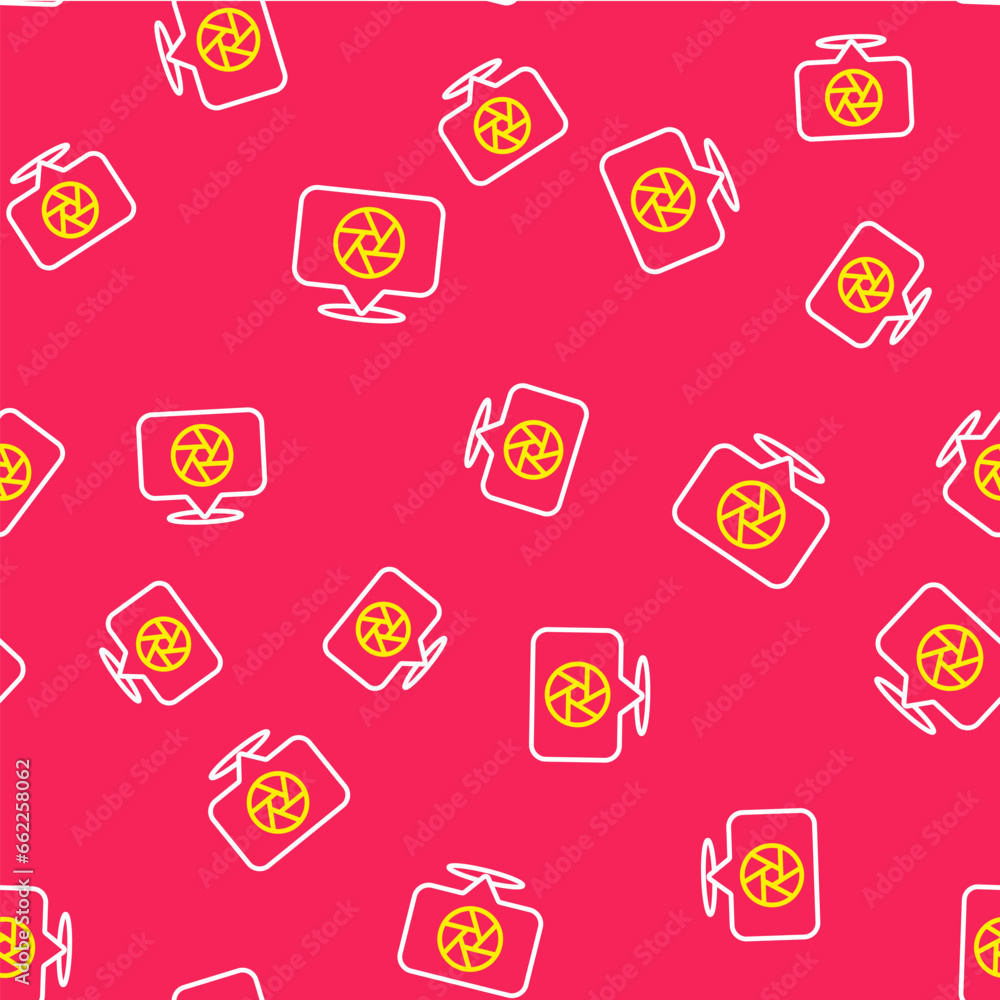 Poster line camera shutter icon isolated seamless pattern on red background. vector