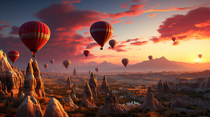 Aerial view of a fleet of hot air balloons, in Cappadocia, Turkey, at sunrise. Cappadocia is a popular tourist destination. - obrazy, fototapety, plakaty