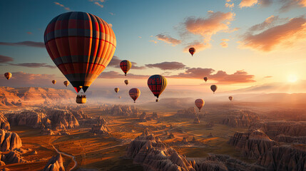 Aerial view of a fleet of hot air balloons, in Cappadocia, Turkey, at sunrise. Cappadocia is a popular tourist destination. - obrazy, fototapety, plakaty