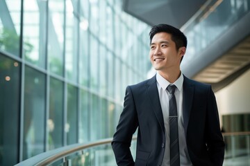 Asian Businessman smile face walking office complex