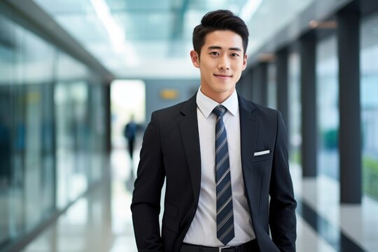 Asian Businessman smile face walking office complex
