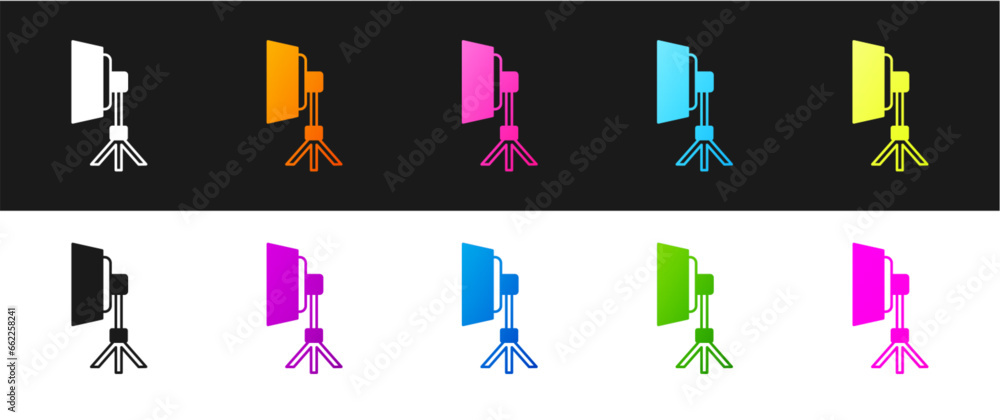 Poster set studio light bulb in softbox icon isolated on black and white background. shadow reflection desi