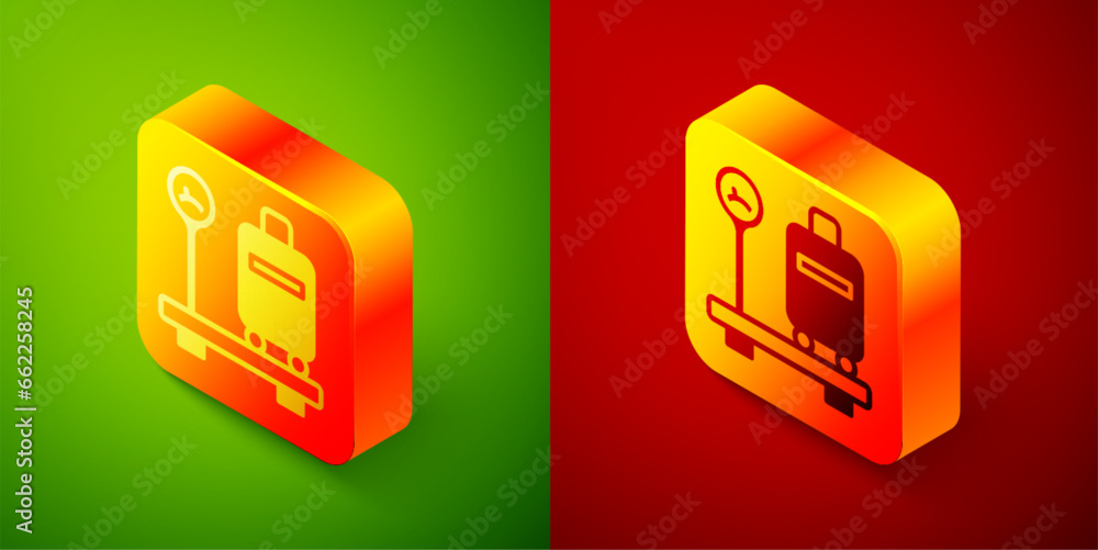 Poster isometric scale with suitcase icon isolated on green and red background. logistic and delivery. weig