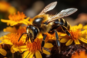 A bee macro photo captures a moment of nectar-gathering, emphasizing the pollinator's role in sustaining the natural world.