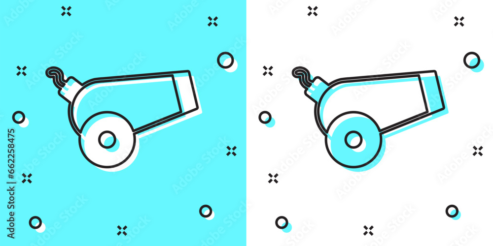Poster black line cannon icon isolated on green and white background. random dynamic shapes. vector