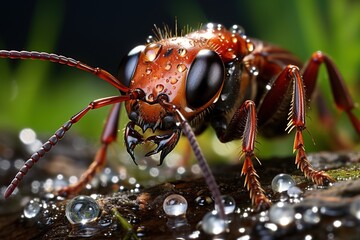 Fototapeta premium In this striking macro shot, an ant appears as a solitary explorer on a journey through the miniature world of nature.