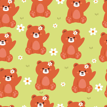 seamless pattern cartoon bear. cute animal wallpaper with flower illustration for gift wrap paper, winter wallpaper