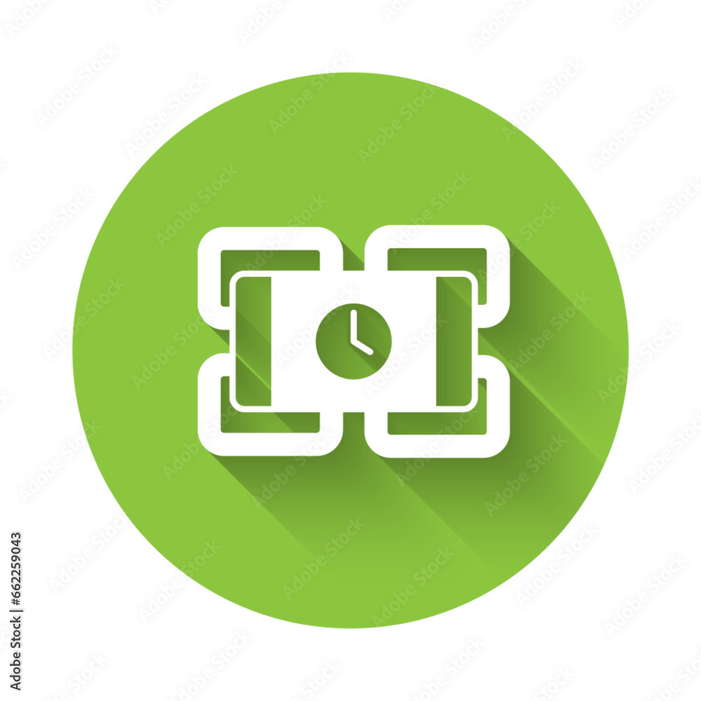 Poster white detonate dynamite bomb stick and timer clock icon isolated with long shadow background. time b