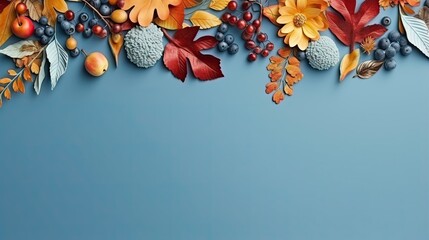  a blue background with leaves, berries and acorns.  generative ai