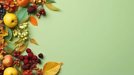  a green background with a bunch of fruit and leaves on it.  generative ai