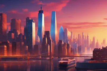 Fototapeten new York city skyline, sunset new York city skyline, sunset modern city in new York © Shubham