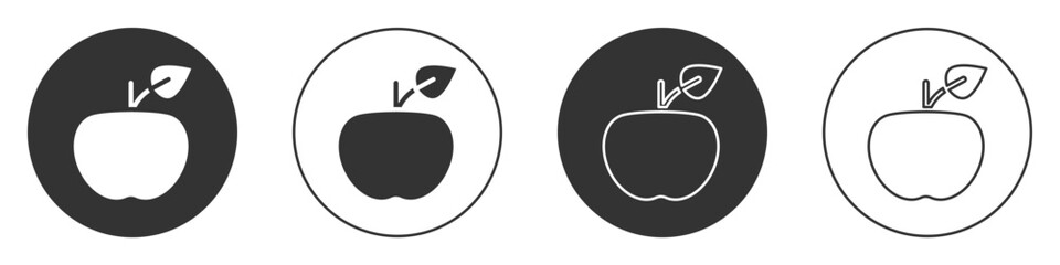Black Apple icon isolated on white background. Excess weight. Healthy diet menu. Fitness diet apple. Circle button. Vector