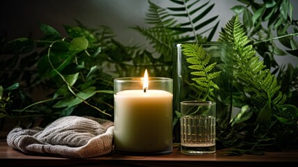 Natural eco-friendly home decor featuring green foliage and a lit candle