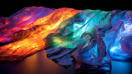 Neon fabric pieces glowing under UV light.