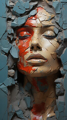 Gorgeous Women Face Merge in Concrete Cracked Wall Texture Background