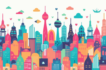 Kuala Lumpur skyline quirky doodle pattern, wallpaper, background, cartoon, vector, whimsical Illustration