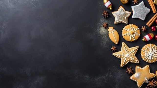  christmas cookies and decorations on a black background with space for text.  generative ai