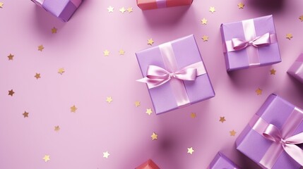 a group of purple wrapped presents on a pink background with gold stars.  generative ai