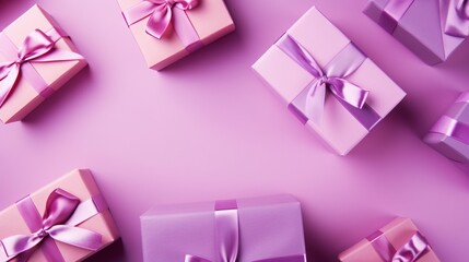 Obraz na płótnie Canvas a group of pink wrapped presents on a purple background with ribbons. generative ai