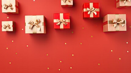 Fototapeta na wymiar a group of wrapped presents on a red background with gold stars. generative ai